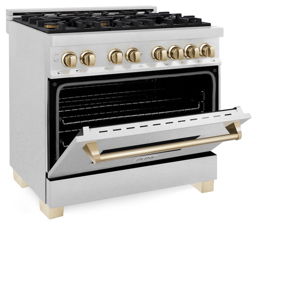 ZLINE Autograph Edition 36 in. 4.6 cu. ft. Legacy Dual Fuel Range with 6 Burner Gas Cooktop and Electric Convection Oven in Satin Stainless Steel and Polished Gold Accents, Open Box-Great Condition