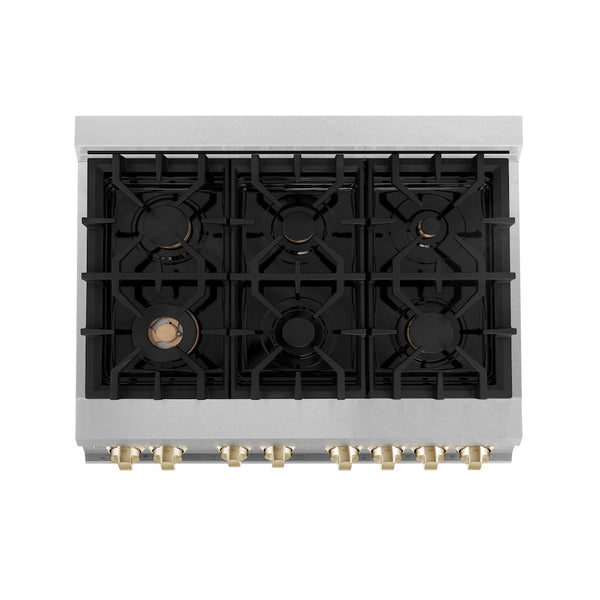 ZLINE Autograph Edition 36 in. 4.6 cu. ft. Legacy Dual Fuel Range with 6 Burner Gas Cooktop and Electric Convection Oven in Satin Stainless Steel and Polished Gold Accents, Open Box-Great Condition