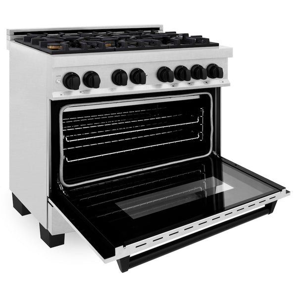 ZLINE Autograph Edition 36 in. 4.6 cu. ft. Legacy Dual Fuel Range with 6 Burner Gas Cooktop and Electric Convection Oven in Satin Stainless Steel and Matte Black Accents, Open Box-Great Condition