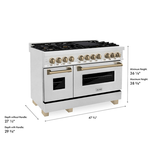 ZLINE Autograph Edition 48 in. 6.0 cu. ft. Legacy Dual Fuel Range with 7 Burner Gas Cooktop and 2 Electric Ovens in Satin Stainless Steel and Champagne Bronze Accents, Open Box-Great Condition