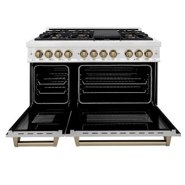 ZLINE Autograph Edition 48 in. 6.0 cu. ft. Legacy Dual Fuel Range with 7 Burner Gas Cooktop and 2 Electric Ovens in Satin Stainless Steel and Champagne Bronze Accents, Open Box-Good Condition