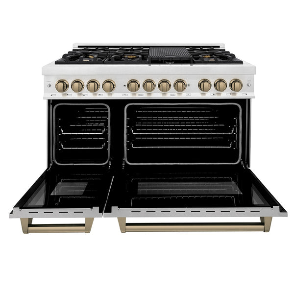 ZLINE Autograph Edition 48 in. 6.0 cu. ft. Legacy Dual Fuel Range with 7 Burner Gas Cooktop and 2 Electric Ovens in Satin Stainless Steel and Champagne Bronze Accents, Open Box-Great Condition