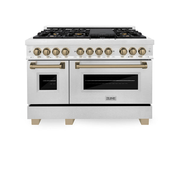 ZLINE Autograph Edition 48 in. 6.0 cu. ft. Legacy Dual Fuel Range with 7 Burner Gas Cooktop and 2 Electric Ovens in Satin Stainless Steel and Champagne Bronze Accents, Open Box-Good Condition
