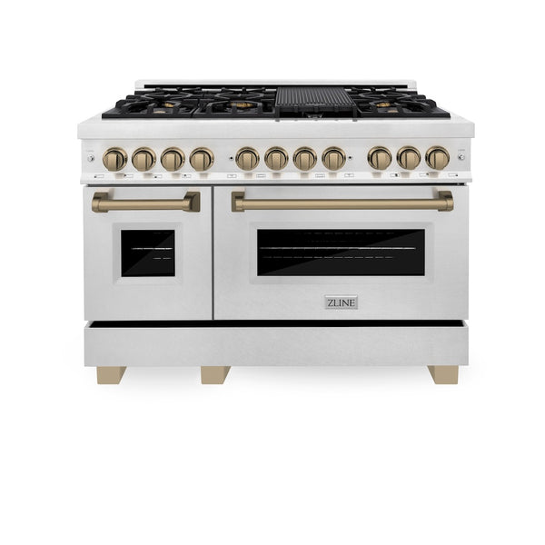 ZLINE Autograph Edition 48 in. 6.0 cu. ft. Legacy Dual Fuel Range with 7 Burner Gas Cooktop and 2 Electric Ovens in Satin Stainless Steel and Champagne Bronze Accents (RASZ-SN-48-CB)
