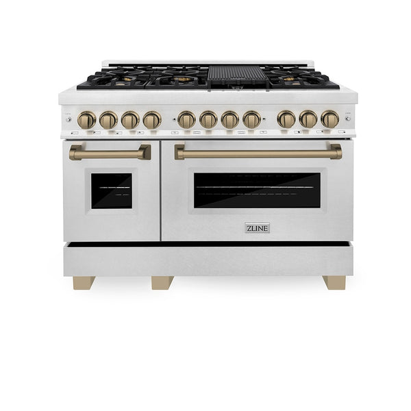 ZLINE Autograph Edition 48 in. 6.0 cu. ft. Legacy Dual Fuel Range with 7 Burner Gas Cooktop and 2 Electric Ovens in Satin Stainless Steel and Champagne Bronze Accents, Open Box-Great Condition