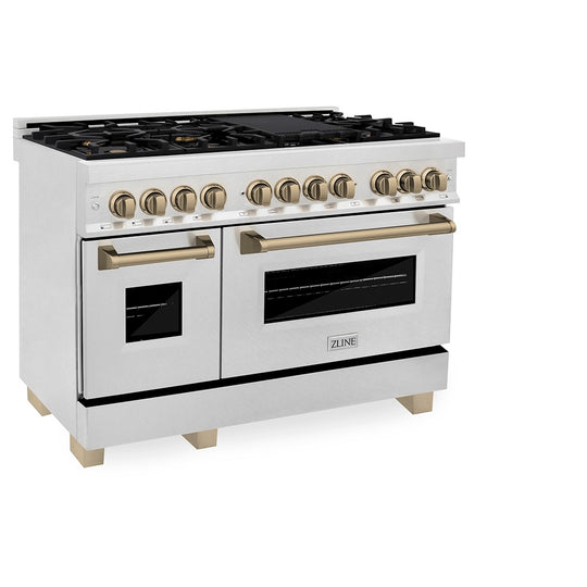 ZLINE Autograph Edition 48 in. 6.0 cu. ft. Legacy Dual Fuel Range with 7 Burner Gas Cooktop and 2 Electric Ovens in Satin Stainless Steel and Champagne Bronze Accents, Open Box-Great Condition