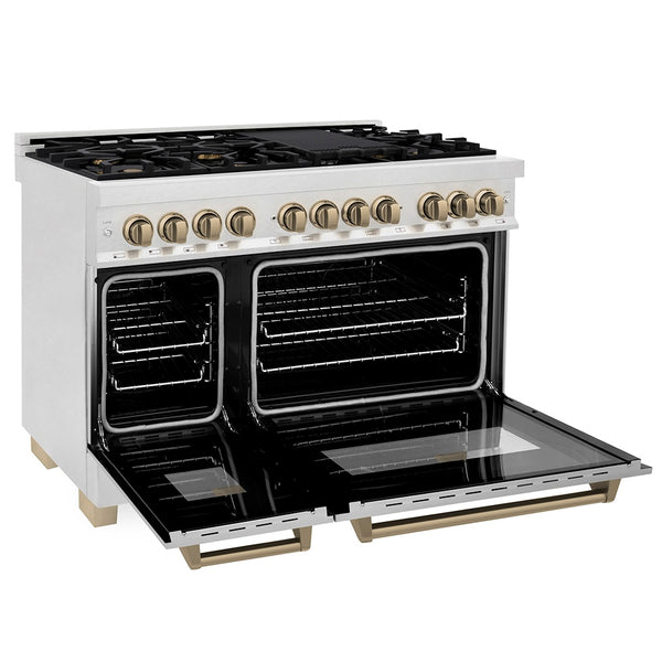 ZLINE Autograph Edition 48 in. 6.0 cu. ft. Legacy Dual Fuel Range with 7 Burner Gas Cooktop and 2 Electric Ovens in Satin Stainless Steel and Champagne Bronze Accents, Open Box-Great Condition