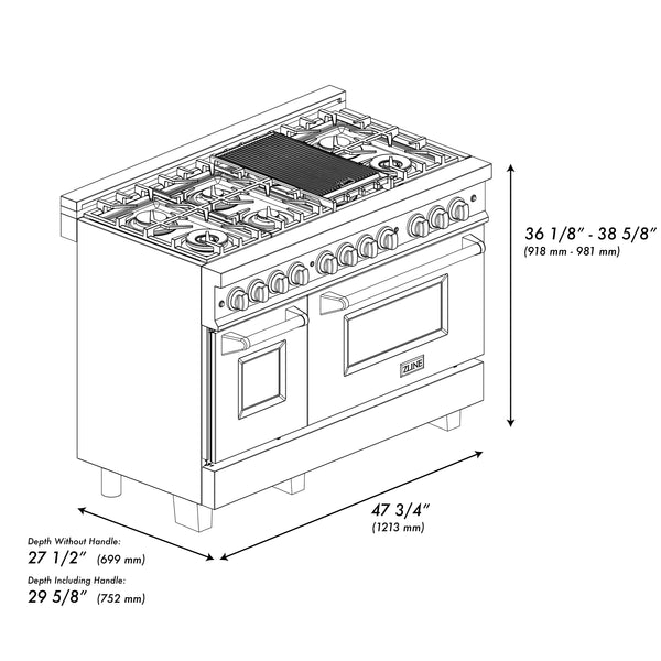 ZLINE Autograph Edition 48 in. 6.0 cu. ft. Legacy Dual Fuel Range with 7 Burner Gas Cooktop and 2 Electric Ovens in Satin Stainless Steel and Polished Gold Accents, Open Box-Great Condition