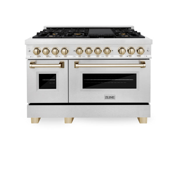 ZLINE Autograph Edition 48 in. 6.0 cu. ft. Legacy Dual Fuel Range with 7 Burner Gas Cooktop and 2 Electric Ovens in Satin Stainless Steel and Polished Gold Accents, Open Box-Great Condition