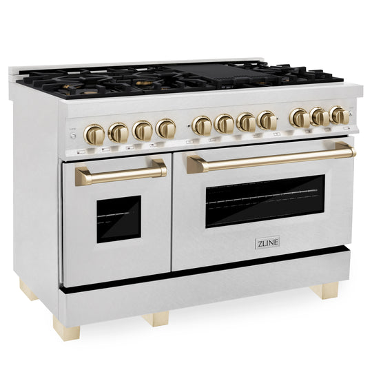 ZLINE Autograph Edition 48 in. 6.0 cu. ft. Legacy Dual Fuel Range with 7 Burner Gas Cooktop and 2 Electric Ovens in Satin Stainless Steel and Polished Gold Accents, Open Box-Great Condition