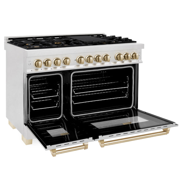 ZLINE Autograph Edition 48 in. 6.0 cu. ft. Legacy Dual Fuel Range with 7 Burner Gas Cooktop and 2 Electric Ovens in Satin Stainless Steel and Polished Gold Accents, Open Box-Great Condition