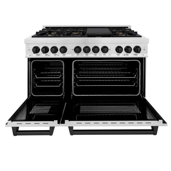 ZLINE Autograph Edition 48 in. 6.0 cu. ft. Legacy Dual Fuel Range with 7 Burner Gas Cooktop and 2 Electric Ovens in Satin Stainless Steel and Matte Black Accents (RASZ-SN-48-MB)