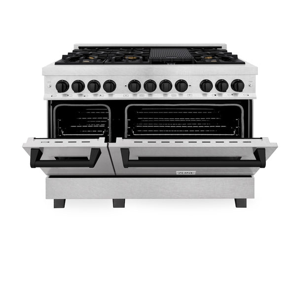ZLINE Autograph Edition 48 in. 6.0 cu. ft. Legacy Dual Fuel Range with 7 Burner Gas Cooktop and 2 Electric Ovens in Satin Stainless Steel and Matte Black Accents, Open Box-Great Condition