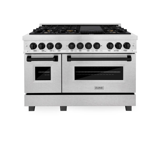 ZLINE Autograph Edition 48 in. 6.0 cu. ft. Legacy Dual Fuel Range with 7 Burner Gas Cooktop and 2 Electric Ovens in Satin Stainless Steel and Matte Black Accents, Open Box-Great Condition