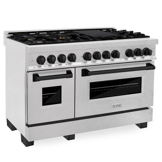 ZLINE Autograph Edition 48 in. 6.0 cu. ft. Legacy Dual Fuel Range with 7 Burner Gas Cooktop and 2 Electric Ovens in Satin Stainless Steel and Matte Black Accents, Open Box-Great Condition