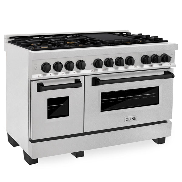 ZLINE Autograph Edition 48 in. 6.0 cu. ft. Legacy Dual Fuel Range with 7 Burner Gas Cooktop and 2 Electric Ovens in Satin Stainless Steel and Matte Black Accents (RASZ-SN-48-MB)