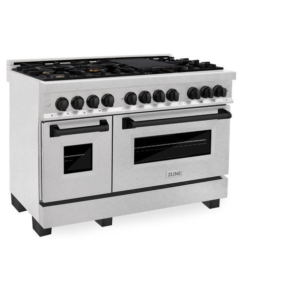 ZLINE Autograph Edition 48 in. 6.0 cu. ft. Legacy Dual Fuel Range with 7 Burner Gas Cooktop and 2 Electric Ovens in Satin Stainless Steel and Matte Black Accents (RASZ-SN-48-MB)