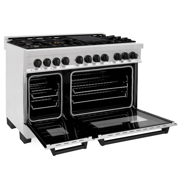 ZLINE Autograph Edition 48 in. 6.0 cu. ft. Legacy Dual Fuel Range with 7 Burner Gas Cooktop and 2 Electric Ovens in Satin Stainless Steel and Matte Black Accents, Open Box-Good Condition