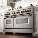ZLINE Autograph Edition 60 in. 7.4 cu. ft. Legacy Dual Fuel Range with 9 Burner Gas Cooktop and 2 Electric Convection Ovens in Satin Stainless Steel and Champagne Bronze Accents, Open Box-Great Condition