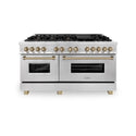 ZLINE Autograph Edition 60 in. 7.4 cu. ft. Legacy Dual Fuel Range with 9 Burner Gas Cooktop and 2 Electric Convection Ovens in Satin Stainless Steel and Champagne Bronze Accents, Open Box-Great Condition