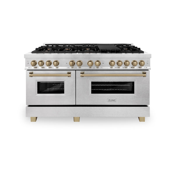 ZLINE Autograph Edition 60 in. 7.4 cu. ft. Legacy Dual Fuel Range with 9 Burner Gas Cooktop and 2 Electric Convection Ovens in Satin Stainless Steel and Champagne Bronze Accents, Open Box-Great Condition
