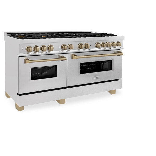 ZLINE Autograph Edition 60 in. 7.4 cu. ft. Legacy Dual Fuel Range with 9 Burner Gas Cooktop and 2 Electric Convection Ovens in Satin Stainless Steel and Champagne Bronze Accents, Open Box-Great Condition