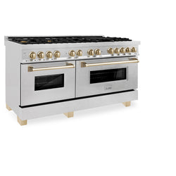 ZLINE Autograph Edition 60 in. 7.4 cu. ft. Legacy Dual Fuel Range with 9 Burner Gas Cooktop and 2 Electric Convection Ovens in Satin Stainless Steel and Polished Gold Accents (RASZ-SN-60-G)