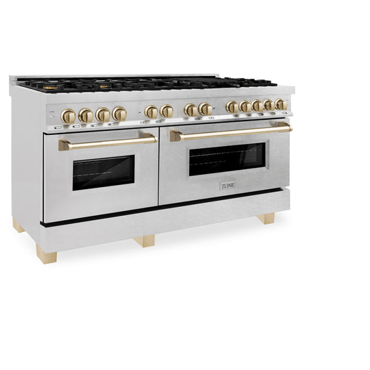 ZLINE Autograph Edition 60 in. 7.4 cu. ft. Legacy Dual Fuel Range with 9 Burner Gas Cooktop and 2 Electric Convection Ovens in Satin Stainless Steel and Polished Gold Accents (RASZ-SN-60-G)