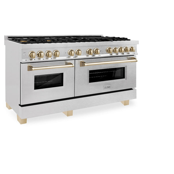 ZLINE Autograph Edition 60 in. 7.4 cu. ft. Legacy Dual Fuel Range with 9 Burner Gas Cooktop and 2 Electric Convection Ovens in Satin Stainless Steel and Polished Gold Accents, Open Box-Great Condition