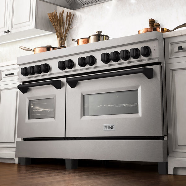 ZLINE Autograph Edition 60 in. 7.4 cu. ft. Legacy Dual Fuel Range with 9 Burner Gas Cooktop and 2 Electric Convection Ovens in Satin Stainless Steel and Matte Black Accents, Open Box-Great Condition