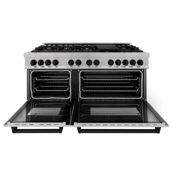 ZLINE Autograph Edition 60 in. 7.4 cu. ft. Legacy Dual Fuel Range with 9 Burner Gas Cooktop and 2 Electric Convection Ovens in Satin Stainless Steel and Matte Black Accents, Open Box-Good Condition