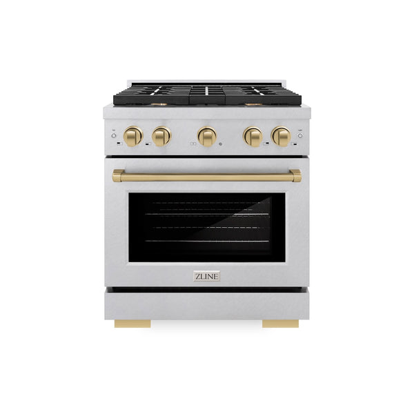ZLINE Autograph Edition 30 in. 4.2 cu. ft. Paramount Dual Fuel Range with 4 Burner Gas Cooktop and Electric Convection Oven in Satin Stainless Steel with Champagne Bronze Accents, Open Box-Great Condition