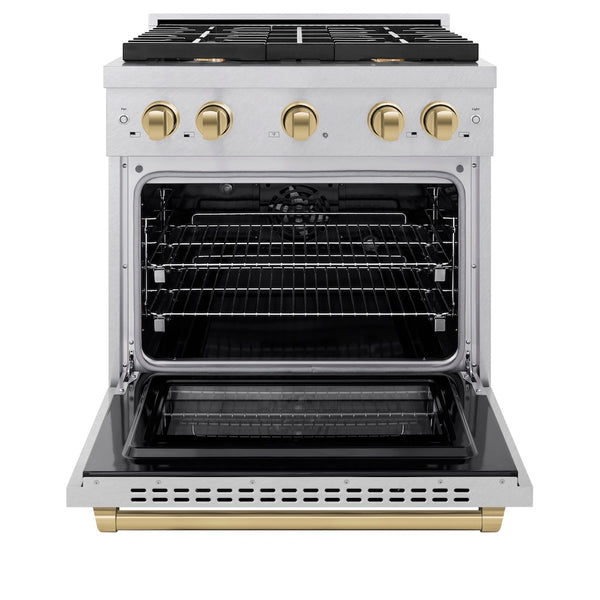 ZLINE Autograph Edition 30 in. 4.2 cu. ft. Paramount Dual Fuel Range with 4 Burner Gas Cooktop and Electric Convection Oven in Satin Stainless Steel with Champagne Bronze Accents, Open Box-Great Condition