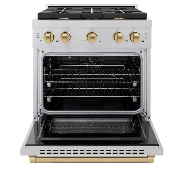 ZLINE Autograph Edition 30 in. 4.2 cu. ft. Paramount Dual Fuel Range with 4 Burner Gas Cooktop and Electric Convection Oven in Satin Stainless Steel with Champagne Bronze Accents, Open Box-Good Condition