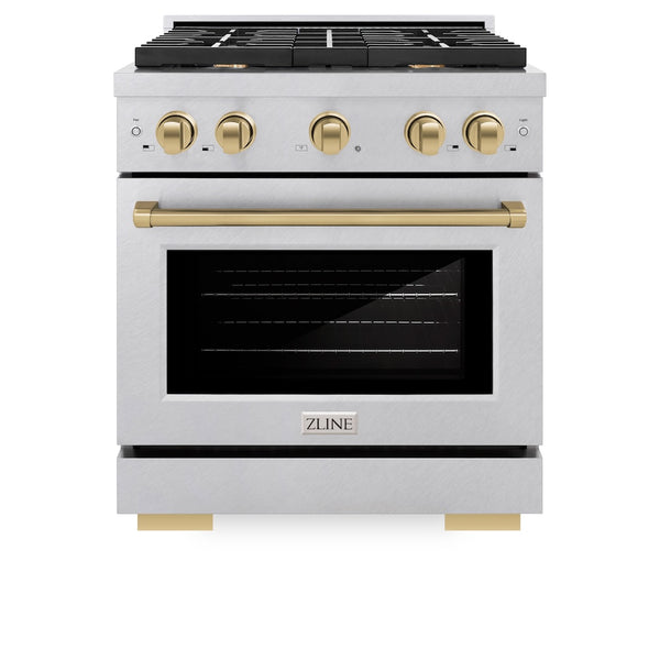ZLINE Autograph Edition 30 in. 4.2 cu. ft. Paramount Dual Fuel Range with 4 Burner Gas Cooktop and Electric Convection Oven in Satin Stainless Steel with Champagne Bronze Accents, Open Box-Great Condition