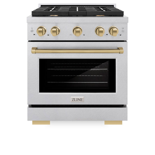 ZLINE Autograph Edition 30 in. 4.2 cu. ft. Paramount Dual Fuel Range with 4 Burner Gas Cooktop and Electric Convection Oven in Satin Stainless Steel with Champagne Bronze Accents, Open Box-Good Condition