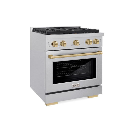 ZLINE Autograph Edition 30 in. 4.2 cu. ft. Paramount Dual Fuel Range with 4 Burner Gas Cooktop and Electric Convection Oven in Satin Stainless Steel with Champagne Bronze Accents, Open Box-Great Condition