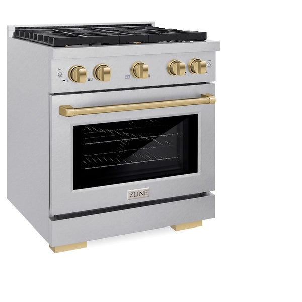 ZLINE Autograph Edition 30 in. 4.2 cu. ft. Paramount Dual Fuel Range with 4 Burner Gas Cooktop and Electric Convection Oven in Satin Stainless Steel with Champagne Bronze Accents, Open Box-Great Condition