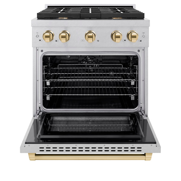ZLINE Autograph Edition 30 in. 4.2 cu. ft. Paramount Dual Fuel Range with 4 Burner Gas Cooktop and Electric Convection Oven in Satin Stainless Steel with Polished Gold Accents, Open Box-Great Condition