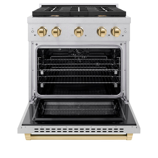ZLINE Autograph Edition 30 in. 4.2 cu. ft. Paramount Dual Fuel Range with 4 Burner Gas Cooktop and Electric Convection Oven in Satin Stainless Steel with Polished Gold Accents, Open Box-Good Condition