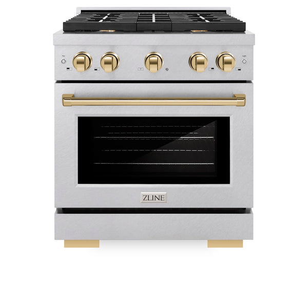 ZLINE Autograph Edition 30 in. 4.2 cu. ft. Paramount Dual Fuel Range with 4 Burner Gas Cooktop and Electric Convection Oven in Satin Stainless Steel with Polished Gold Accents, Open Box-Great Condition