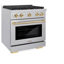 ZLINE Autograph Edition 30 in. 4.2 cu. ft. Paramount Dual Fuel Range with 4 Burner Gas Cooktop and Electric Convection Oven in Satin Stainless Steel with Polished Gold Accents, Open Box-Great Condition