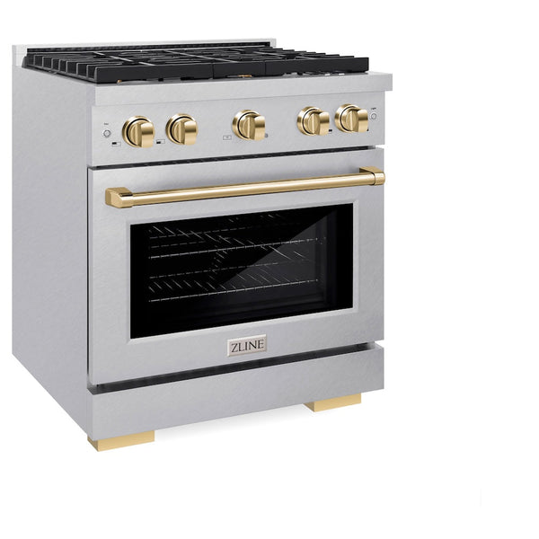 ZLINE Autograph Edition 30 in. 4.2 cu. ft. Paramount Dual Fuel Range with 4 Burner Gas Cooktop and Electric Convection Oven in Satin Stainless Steel with Polished Gold Accents, Open Box-Good Condition