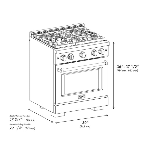 ZLINE Autograph Edition 30 in. 4.2 cu. ft. Paramount Dual Fuel Range with 4 Burner Gas Cooktop and Electric Convection Oven in Satin Stainless Steel with Matte Black Accents, Open Box-Great Condition