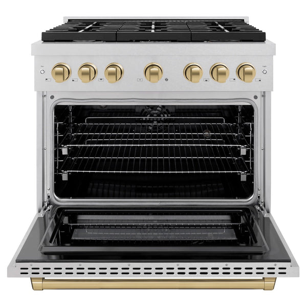 ZLINE Autograph Edition 36 in. 5.2 cu. ft. Paramount Dual Fuel Range with 6 Burner Gas Cooktop and Electric Convection Oven in Satin Stainless Steel with Champagne Bronze Accents, Open Box-Good Condition