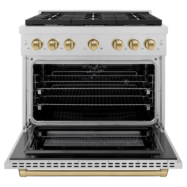 ZLINE Autograph Edition 36 in. 5.2 cu. ft. Paramount Dual Fuel Range with 6 Burner Gas Cooktop and Electric Convection Oven in Satin Stainless Steel with Champagne Bronze Accents, Open Box-Great Condition