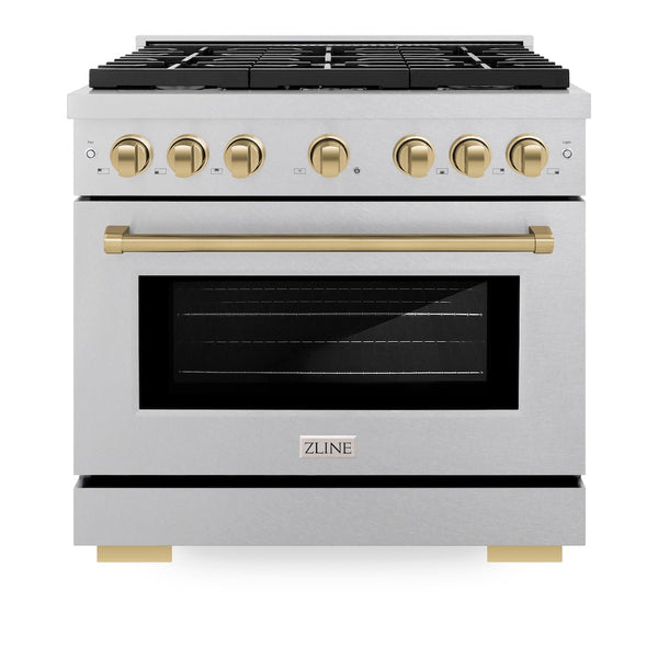 ZLINE Autograph Edition 36 in. 5.2 cu. ft. Paramount Dual Fuel Range with 6 Burner Gas Cooktop and Electric Convection Oven in Satin Stainless Steel with Champagne Bronze Accents, Open Box-Good Condition