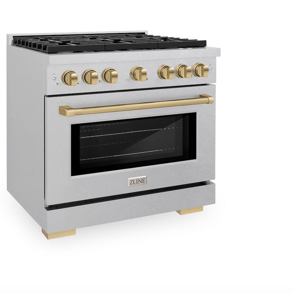 ZLINE Autograph Edition 36 in. 5.2 cu. ft. Paramount Dual Fuel Range with 6 Burner Gas Cooktop and Electric Convection Oven in Satin Stainless Steel with Champagne Bronze Accents, Open Box-Great Condition