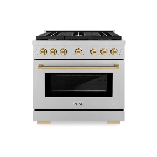 ZLINE Autograph Edition 36 in. 5.2 cu. ft. Paramount Dual Fuel Range with 6 Burner Gas Cooktop and Electric Convection Oven in Satin Stainless Steel with Polished Gold Accents, Open Box-Great Condition