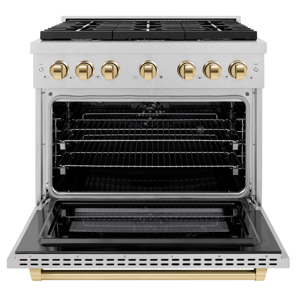 ZLINE Autograph Edition 36 in. 5.2 cu. ft. Paramount Dual Fuel Range with 6 Burner Gas Cooktop and Electric Convection Oven in Satin Stainless Steel with Polished Gold Accents, Open Box-Great Condition